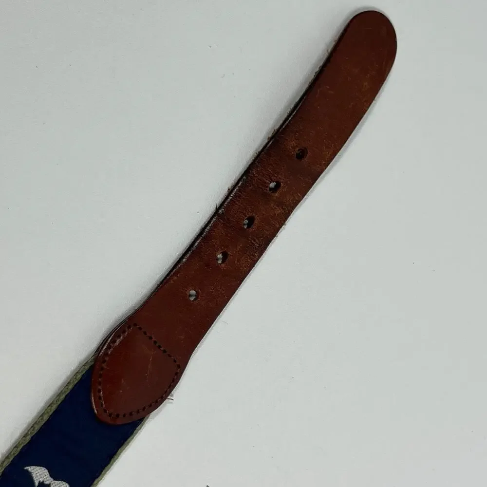 BLOCK ISLAND Belt Mens 34 Ribbon Webbing Leather Map Rhode Island Blue
